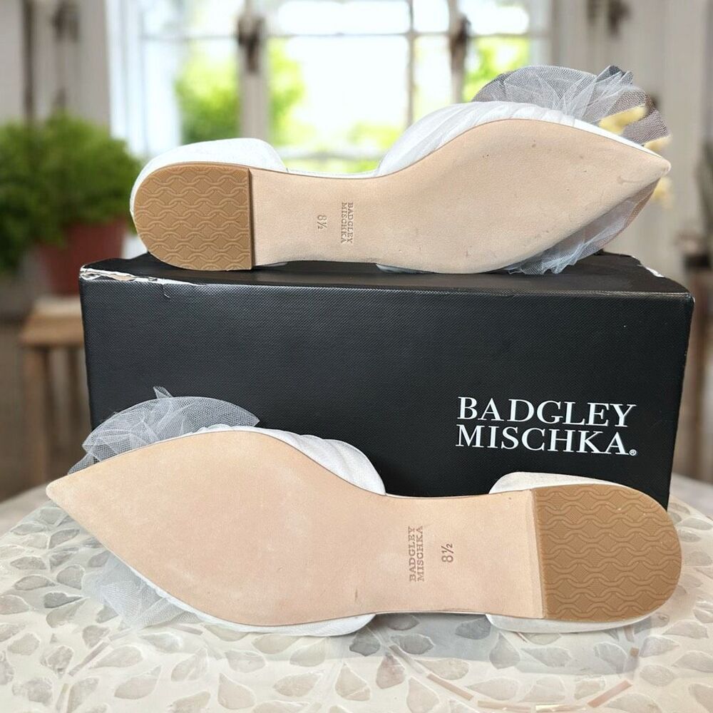 Badgley Mischka Fergie Bridal Ballet Flats Ivory Tulle Bow Pointed Toe D’Orsay S - Picture 12 of 13